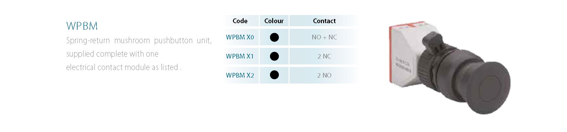 WPBM Spring-return mushroom pushbutton unit, supplied complete with one electrical contact module as listed.